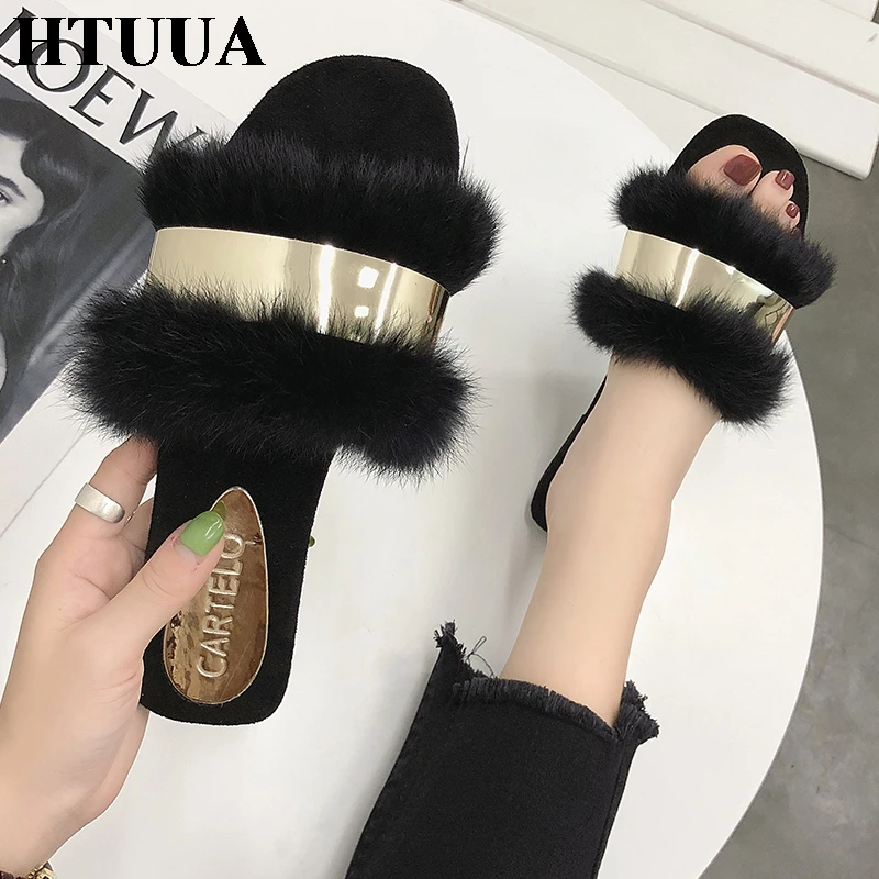 HTUUA женские тапочки модные шлепанцы на плоской подошве с металлическими