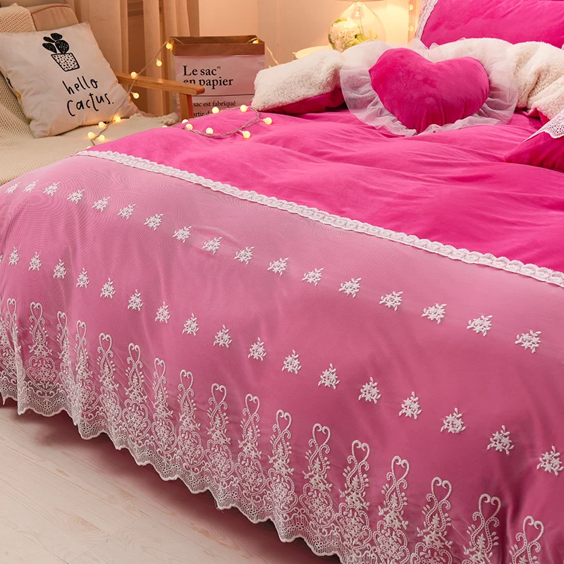 Blue Pink Purple Soft Berber Fleece Princess Girl White Lace Bedding Set Fleece Fabric Duvet Cover Bed sheet/Linen Pillowcases
