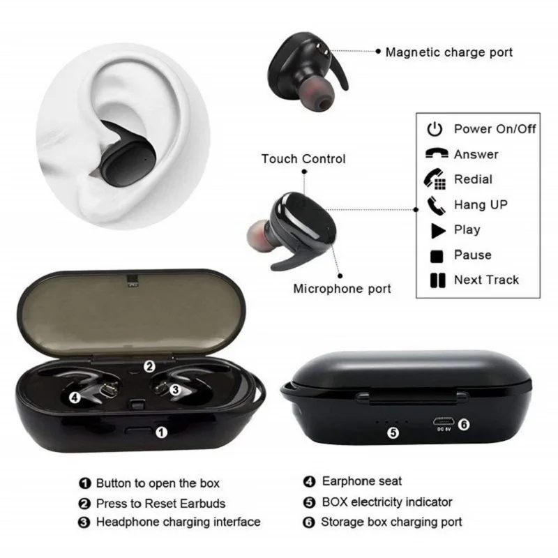 T2C TWS Wireless Mini Bluetooth Earphone For Xiaomi Huawei Mobile Stereo Earbud Sport Headphone With Mic Portable Charging Box |