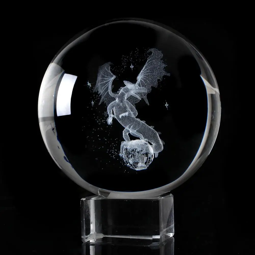 With Crystal Base Новая коллекция 60/80 мм дракон миниатюры хрустальный шар 3D лазерной гравировкой кварцевый Стекло шар Сфера Украшения дома и офиса подарок орнамент - Цвет: With Crystal Base