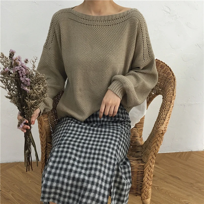 Hzirip ретро фонарь манжеты вязать свитер рубашка Женщины Осень Полный рукавами