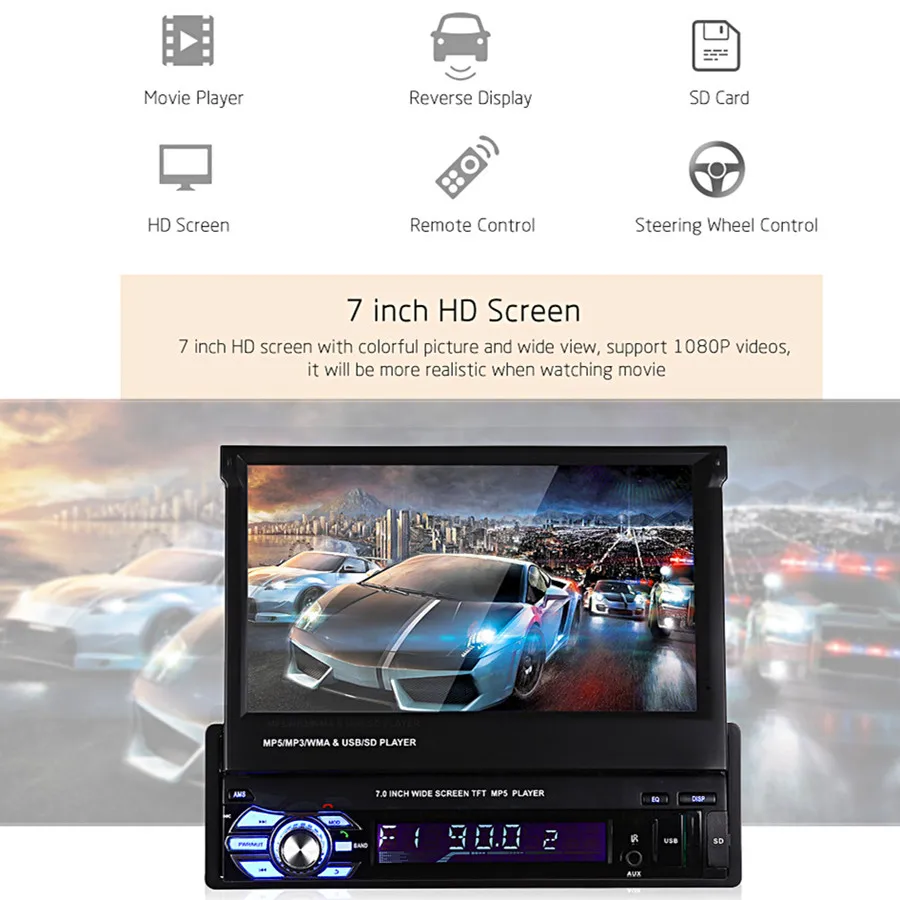 AZGIANT 1 Din 7 ''HD цифровой дисплей выдвижной экран автомобиля MP4 MP5 плеер стерео fm