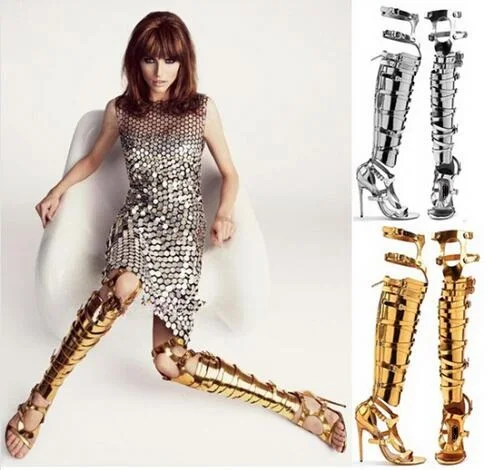 Big Size 10 Cheap Price Hottest Gold Silver Patent Leather Gladiator Sandals Boots For Women Cut-out Knee High Sandals Boots