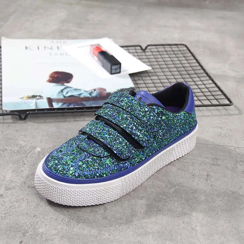 Женская обувь на платформе, Блестящие Кроссовки, zapatos de mujer B, Весенняя новинка, chaussures femme, с блестками, женская обувь на не сужающемся книзу массивном каблуке, серебристого цвета - Цвет: Зеленый