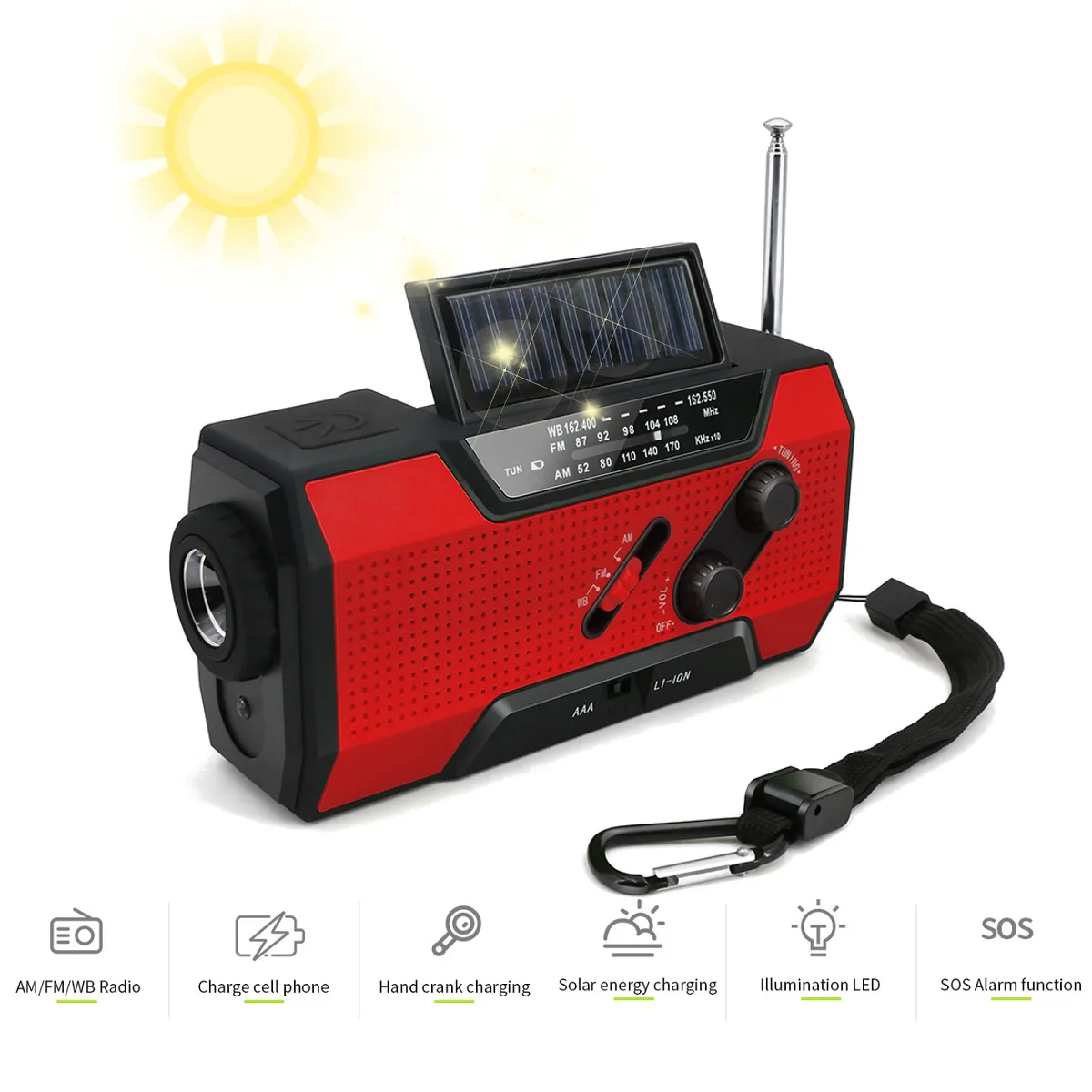 Солнечный цифровой кривошипный аварийный AM/FM WB Погодный портативный радио фонарик Солнечный внешний аккумулятор 2000 мАч перезаряжаемый