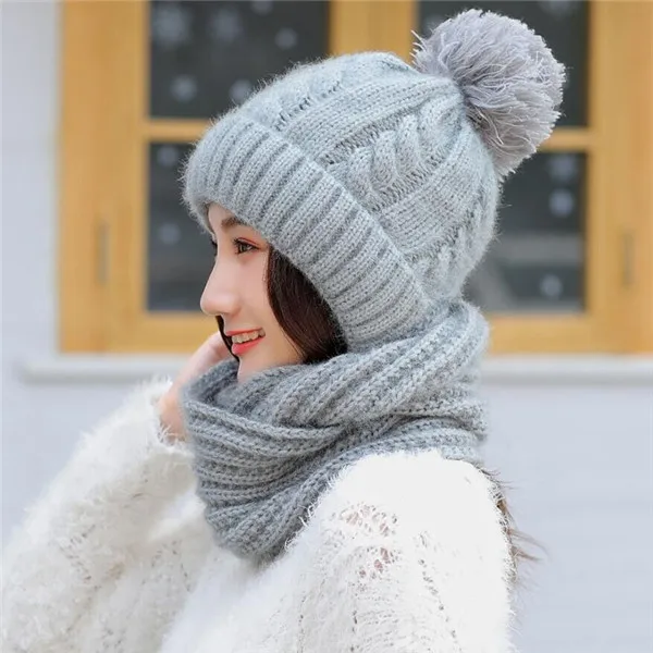 gray Осенне-зимняя женская шапка, Лыжные шапки, вязаный шерстяной теплый шарф, толстый ветронепроницаемый подшлемник, многофункциональная шапка, шарф, набор для женщин - Цвет: gray