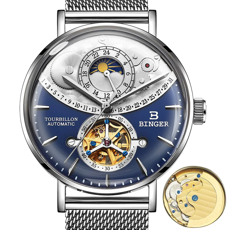 binger steel blue Бингер автоматические часы для мужчин Скелет Механические Мужские часы Полный сталь Сапфир Relogio Masculino водонепроницаемый подарочная коробка - Цвет: binger steel blue