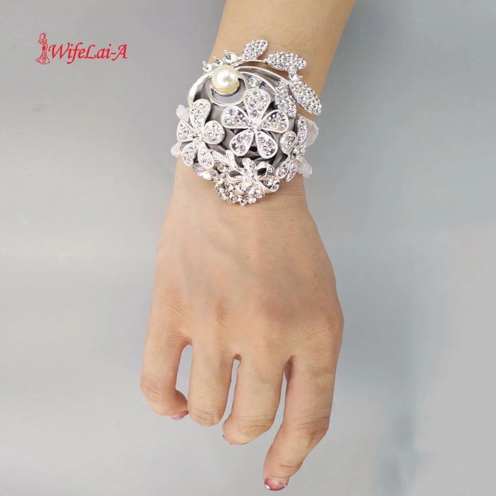 Hand Corsage Pearl Bracelet jeweled crystal bling wedding bracelets Wrist corsage Brooch Flower wrist W0888 |