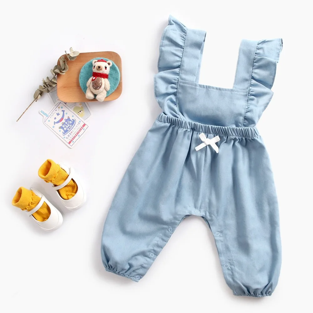 

Ins Cute Baby Boys Girls Bow Halter Rompers Fly Sleeve Summer Blue Color Cute Children Fashion Clothes