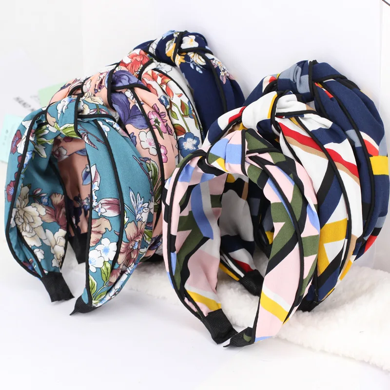 4 шт./лот широкий ободок для волос с цветочным принтом двухслойные полосатые