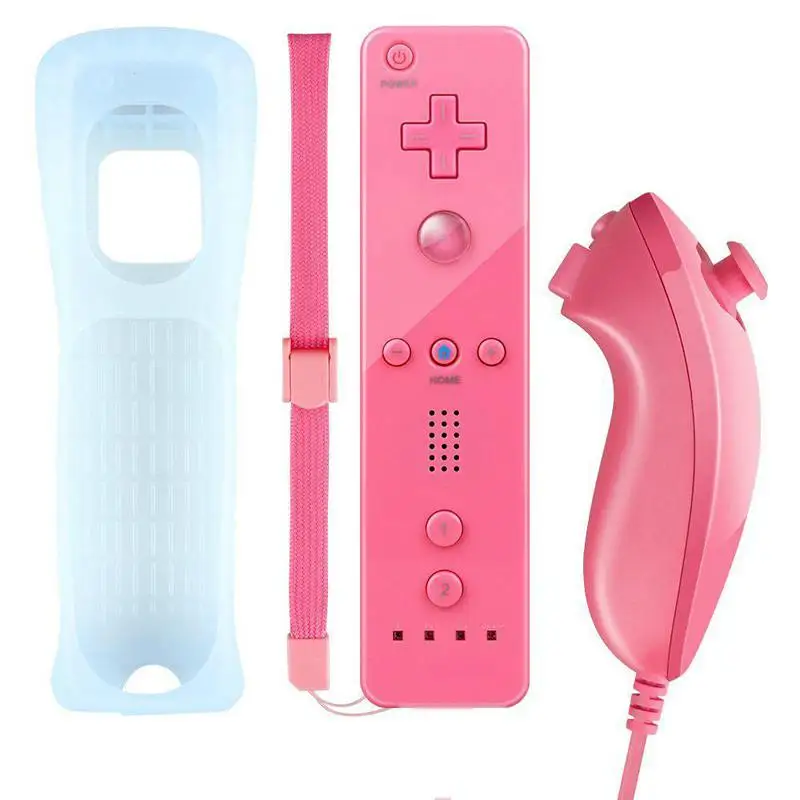 Контроллер для nintendo wii Пульт дистанционного управления джойстик+ Nunchuck с силиконовый чехол для wii геймпад беспроводной игровой аксессуар - Цвет: Розовый