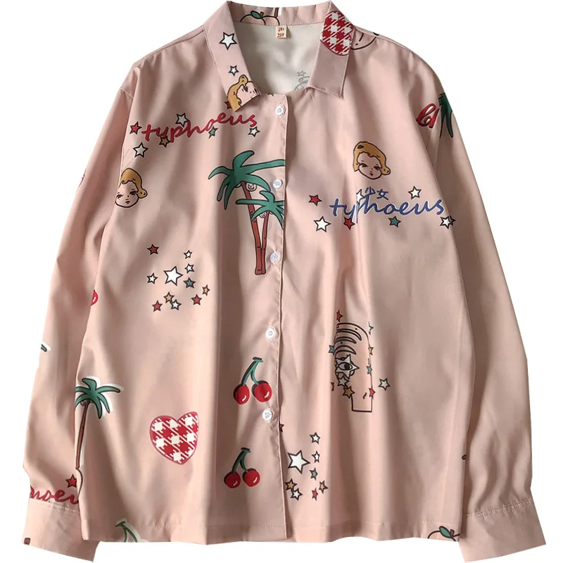 

Spring Autumn Personality Blouse Shirts Women Retro Fresh Long Sleeve Cartoon Print Harajuku Shirt Blusas Female Loose Chemise