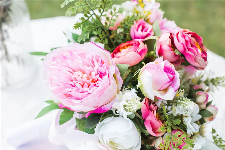 

JaneVini Elegant Peony White Pink Wedding Bouquets for Brides Artificial Roses Bridal Flowers Fake Bouquet Green Leaf Ramo Novia