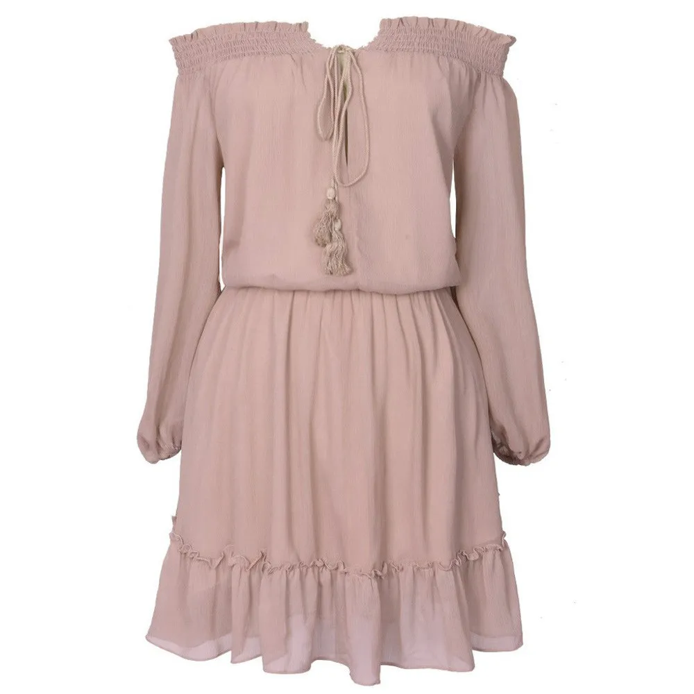 Feitong Boho осеннее женское платье, повседневное свободное шифоновое платье с длинным рукавом, Сексуальное мини платье с открытыми плечами, vestidos femininos - Цвет: Розовый