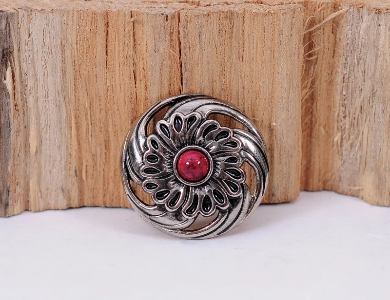 10PC 28MM Tribal FLOWER WHIRLWIND RED TURQUOISE SILVER LEATHERCRAFT WALLET CONCHOS