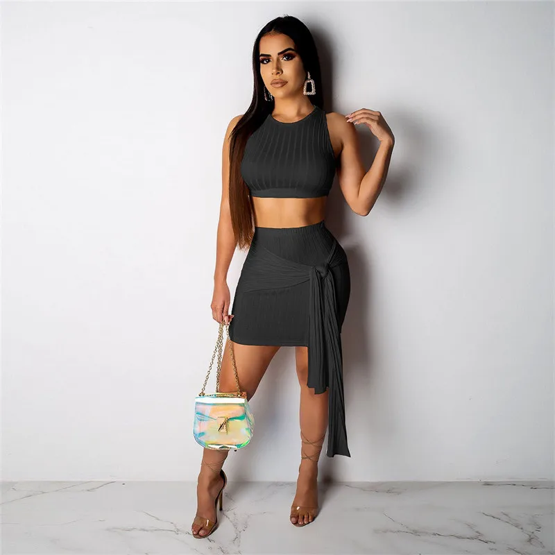 

Adogirl Ribbed Knitted Casual Two Piece Set Dress O Neck Sleeveless Crop Top + Tie Up Bodycon Mini Skirt Women Summer Outfits