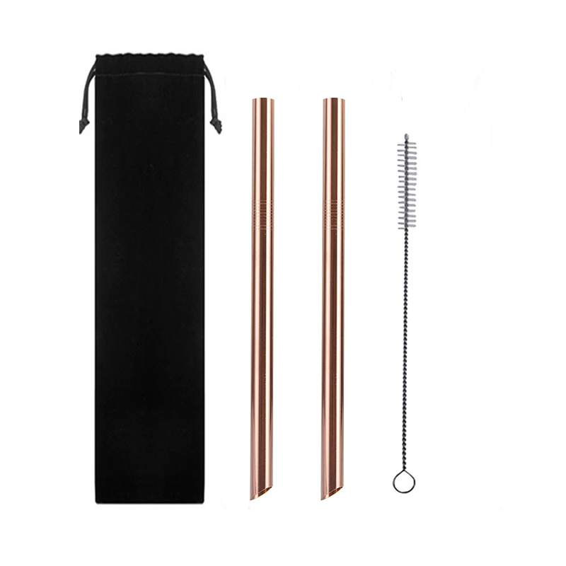 Rose Gold With Bag 2 шт металлический заостренный кончик соломы+ 1 кисть для ПК радужные соломинки многоразовые трубочки 12 мм* 215 мм с портативной коробкой или сумкой - Цвет: Rose Gold With Bag