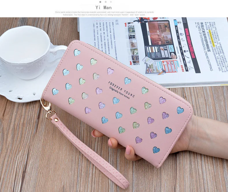 Leather women's wallet New cute Love color hollow large capacity Purses women Solid color purses Long Love zipper female wallet