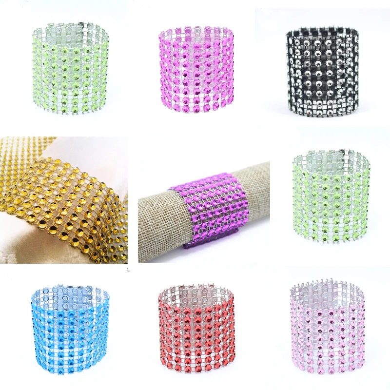 

50 Pcs\lot Handmade Light Purple Plastic Napkin Rings Rhinestone Mesh Wrap Napkin Buckle For Home Hotel Table Wedding Decoration