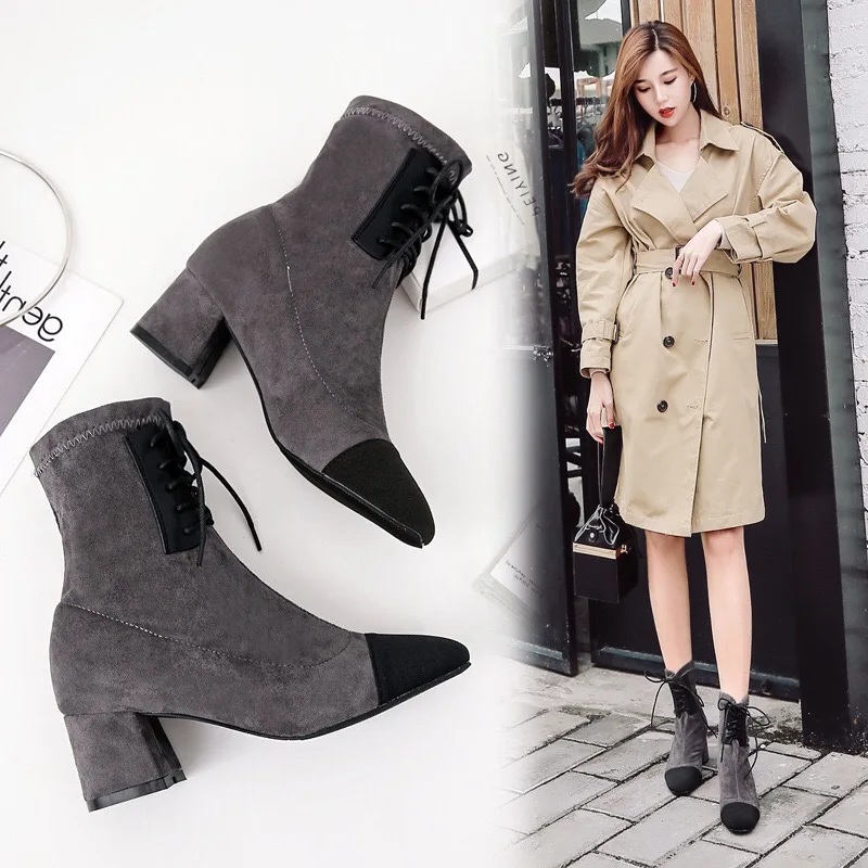 

Booties Female 2018 New Thick With The Tube Martin Boots Suede Pointed Fashion Women's Boots