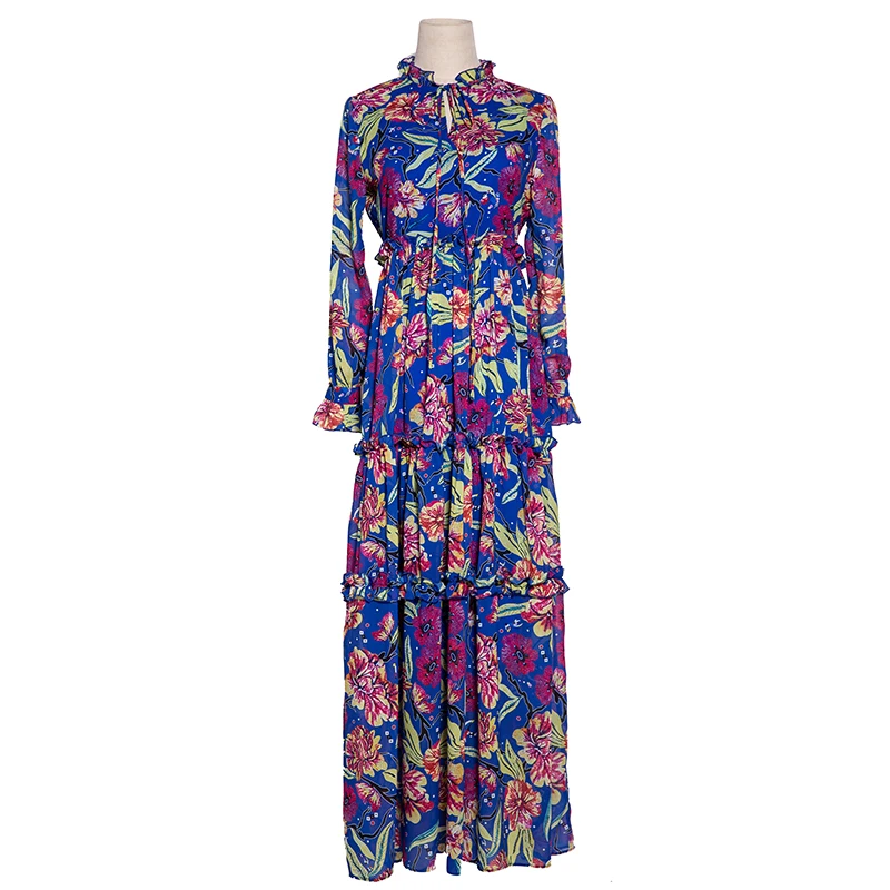 

Wholesale Vacation Style Dresses Fashion Summer Flowers Print Lantern Sleeve Empire Long Popular Runway Purple Ethnic Dress