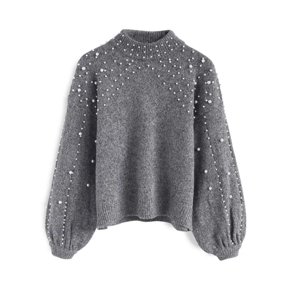 2018 Autumn Winter Thicken Sweater Pullover Tops Women Turtleneck Pearl Beading Long Sleeved Casual Loose Knitting Warm Sweaters | Женская