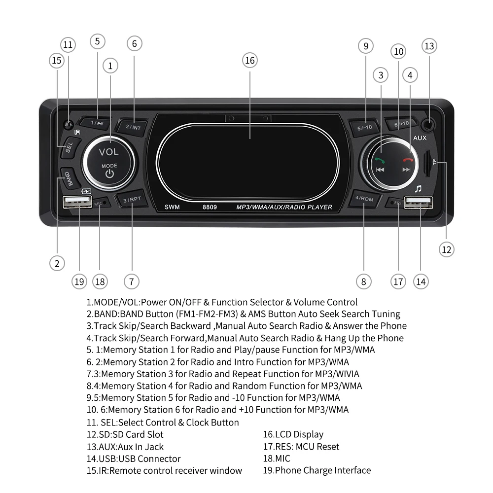 Excelvan SWM 8809 1 Din автомагнитолы 4 дюйма Автомобильный стерео MP3 музыкальный плеер