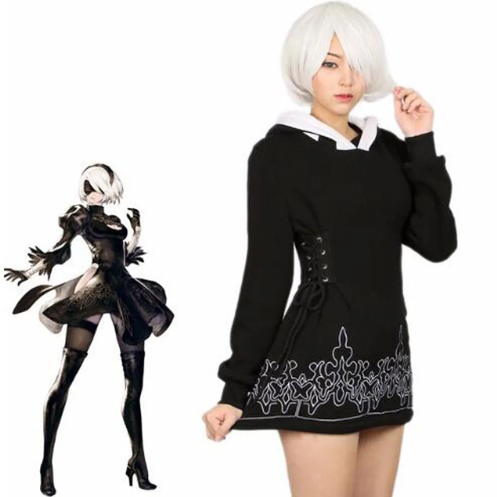 Coslive NieR Automata 2B Толстовка черный хлопок Толстовка игра косплей костюм Топ для женщин Новая мода длинные толстовки с капюшоном платье