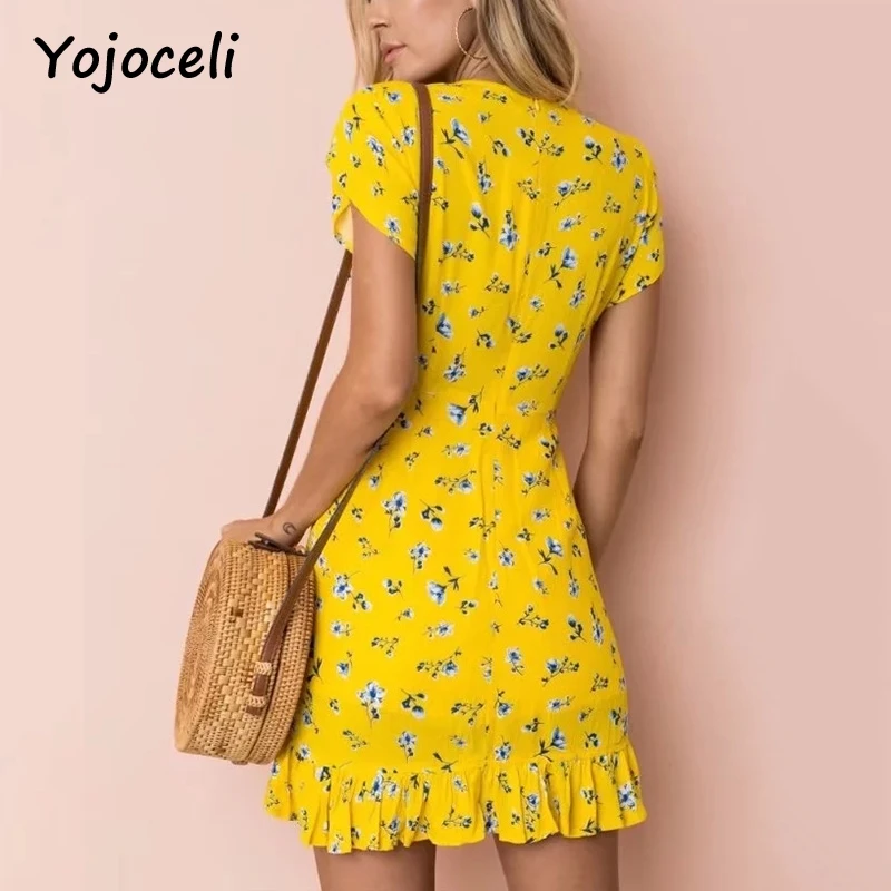 Yojoceli летнее платье с v образным вырезом и цветочным принтом для женщин 2018