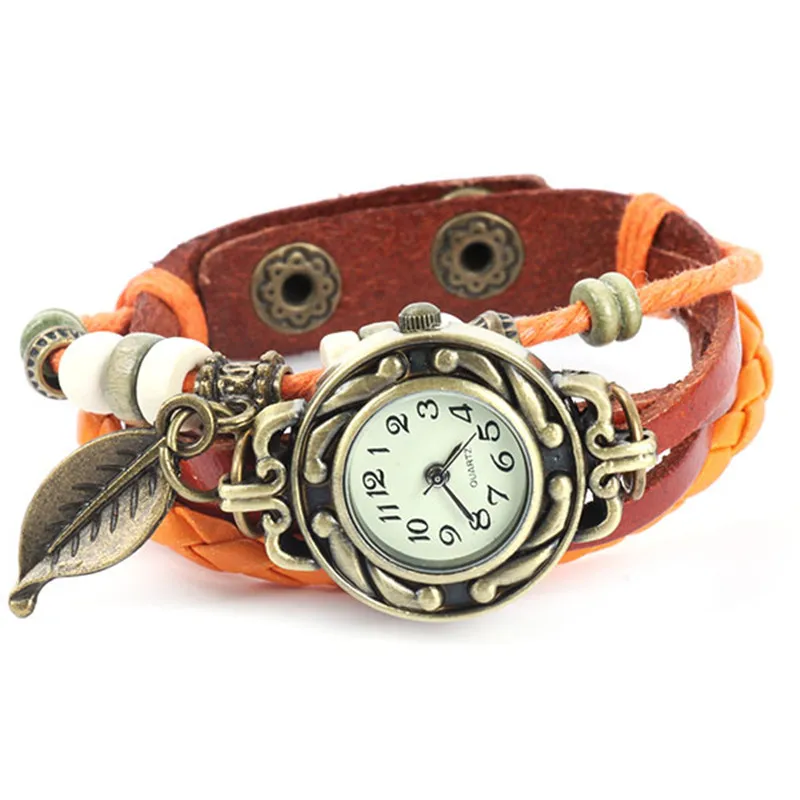 * Relojes милые женские цифровые Тканые часы с листьями кожаный браслет кварцевые