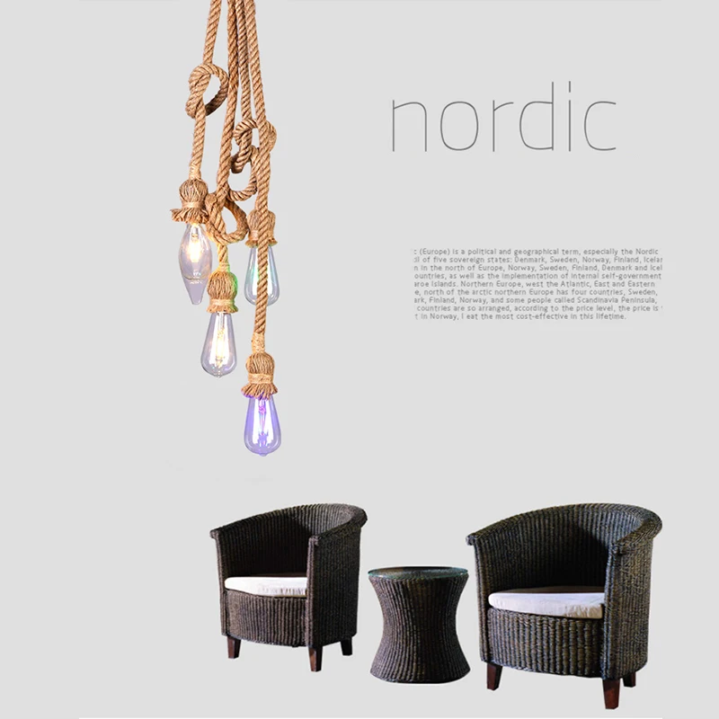 Четырехместный винтажный подвесной светильник из пеньковой веревки с