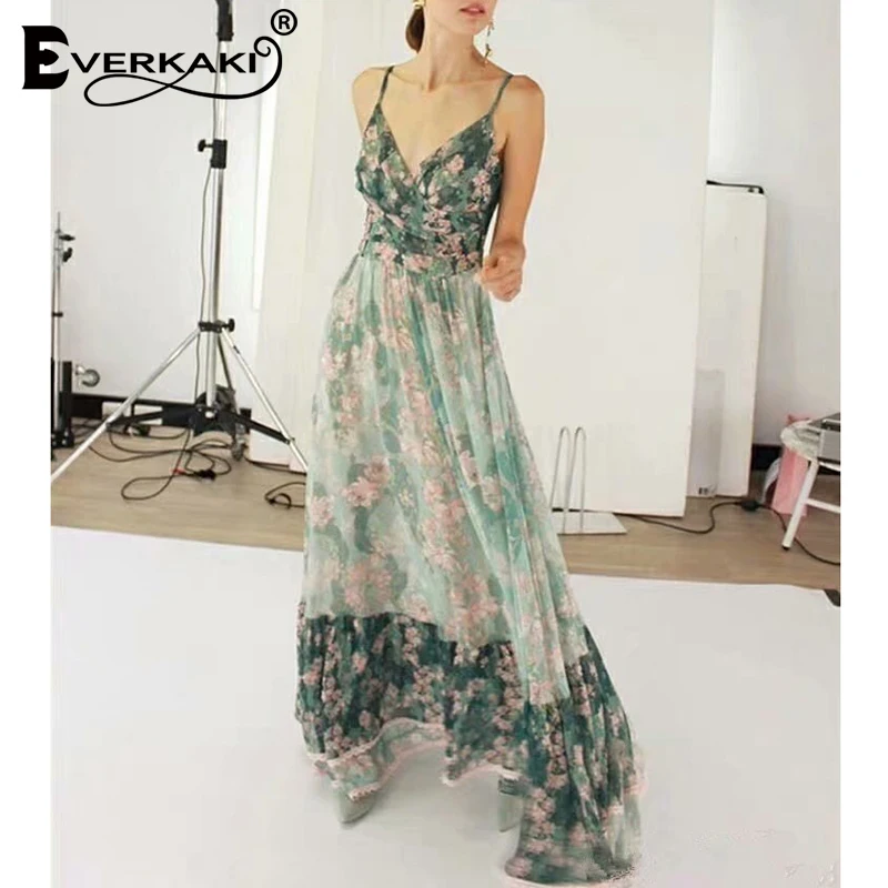 Everkaki Gypsy платье-комбинация макси с принтом, женское богемное кружевное лоскутное платье с v-образным вырезом и молнией, зеленое богемное длинное платье для женщин, лето, новинка