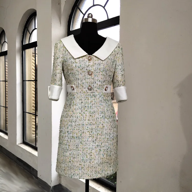 Женское твидовое платье с коротким рукавом в Корейском стиле воротником Питер