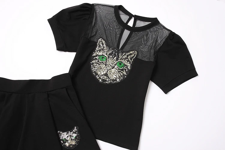 ALPHALMODA женские популярные расшитые блестками Футболки с коротким рукавом с аппликацией кошки+ шорты, летние комплекты из 2 предметов, Повседневная футболка с рукавом-фонариком+ шорты