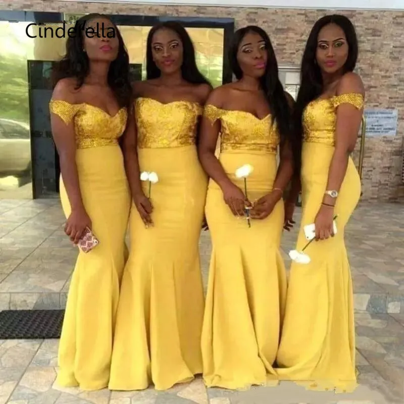 

Cinderella African Sweetheart Off The Shoulder Satin Pleated Mermaid Bridesmaid Dresses Sequins Wedding Bridesmaid Dresses