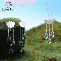 lotus fun real 925 sterling silver handmade fine jewelry ethnic cloud long tassel jewelry set with drop earring pendant necklace