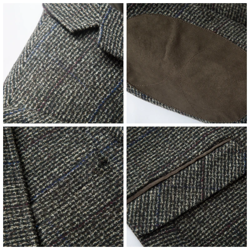 

Men Wool Blazer Jacket With Elbow Patch Plaid Tweed Suit Jackets Slim Fit Casual Business Dress Blazer Male Elgland Style M-4XL