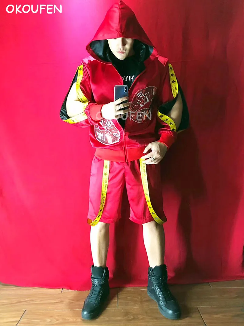 Nightclub Male Singer DJ Satin Red Lips Split Costumes set Hip Hop dancer stage show Performance Jacket shorts Christams |