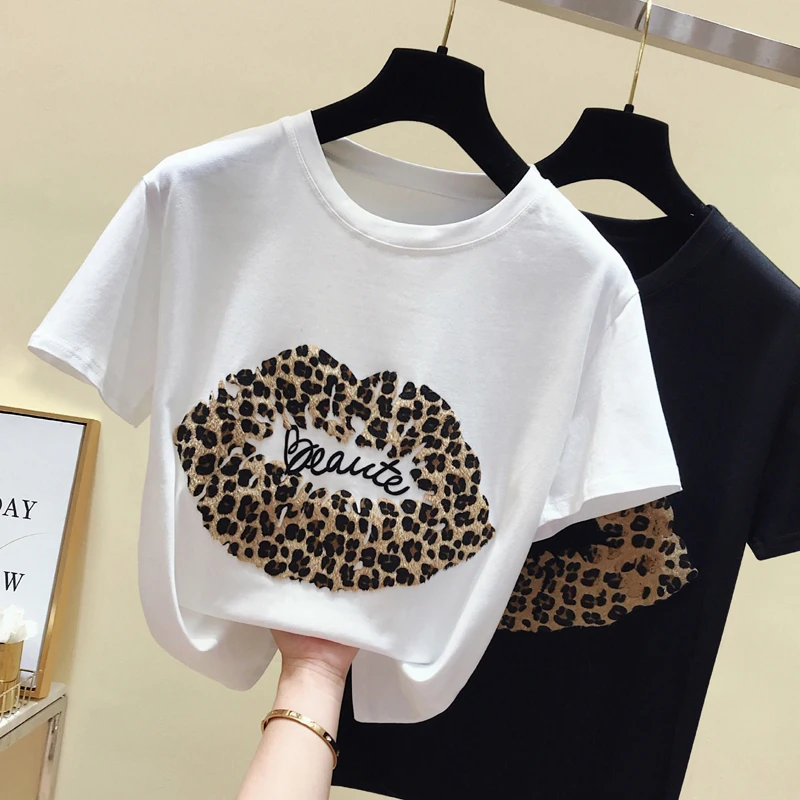 Лето 2019 Новое поступление leopard письма с коротким рукавом женская футболка летняя