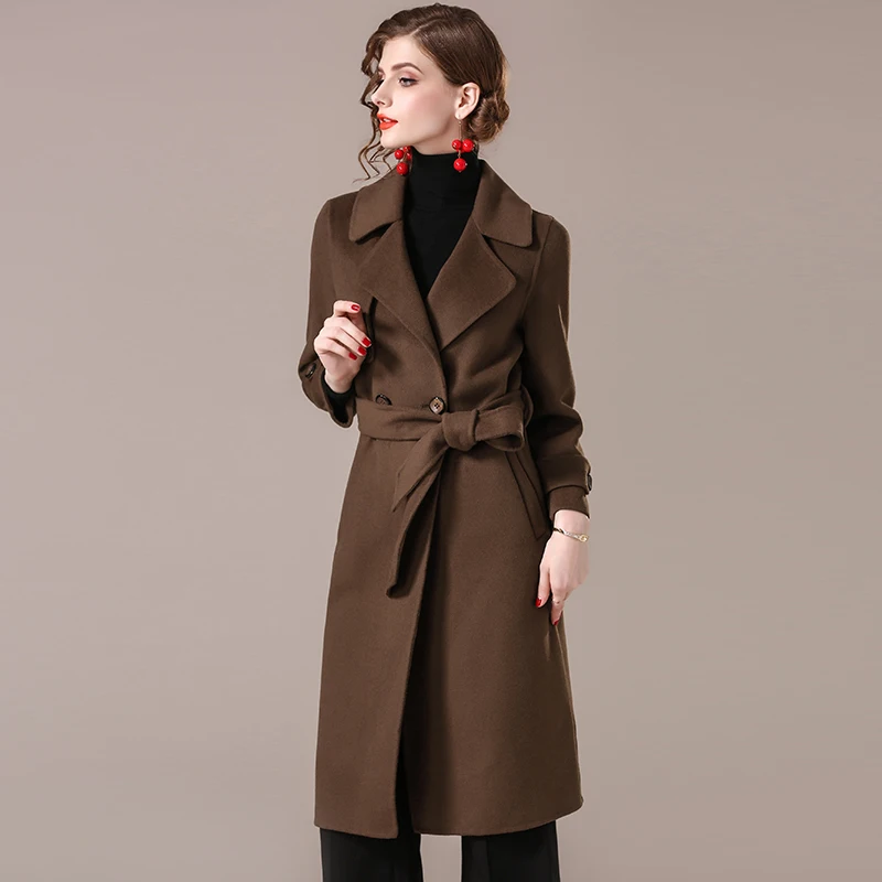 На осень-зиму женская верхняя одежда шерстяное пальто регулируемый пояс Кушак
