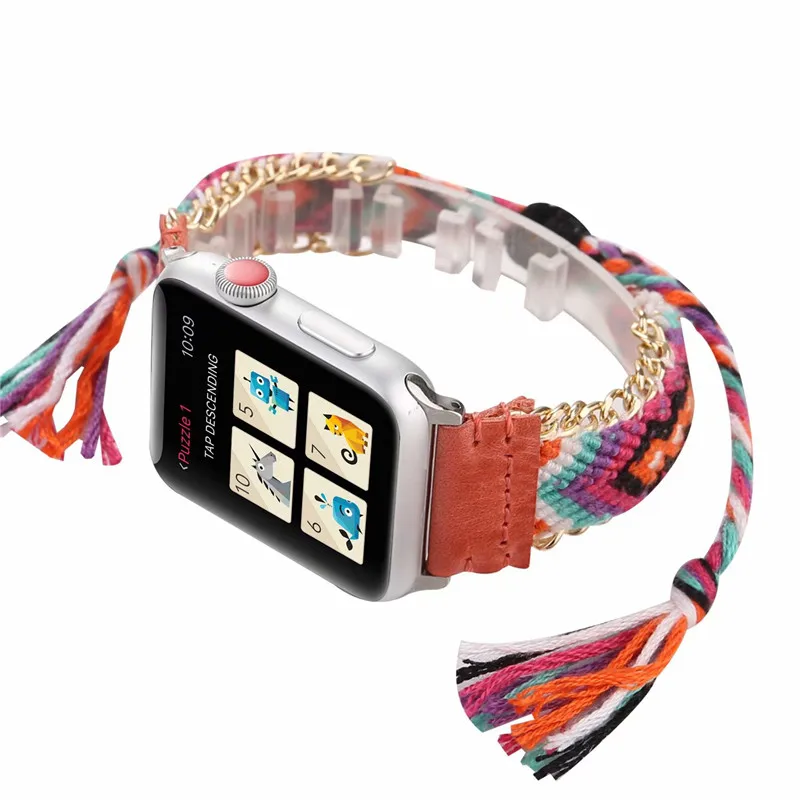 Ремешок в богемном стиле для Apple Watch Band 4 40 мм 44 цветной вязаный шерстяной кожаный