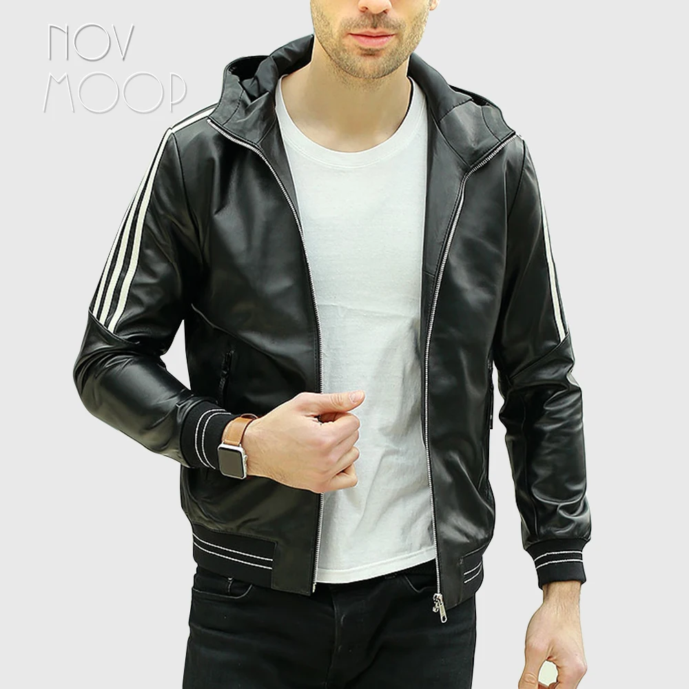 

Men white striped black navy genuine leather lambskin hooded casual Moto biker jackets coats jaqueta de couro deri ceket LT2363