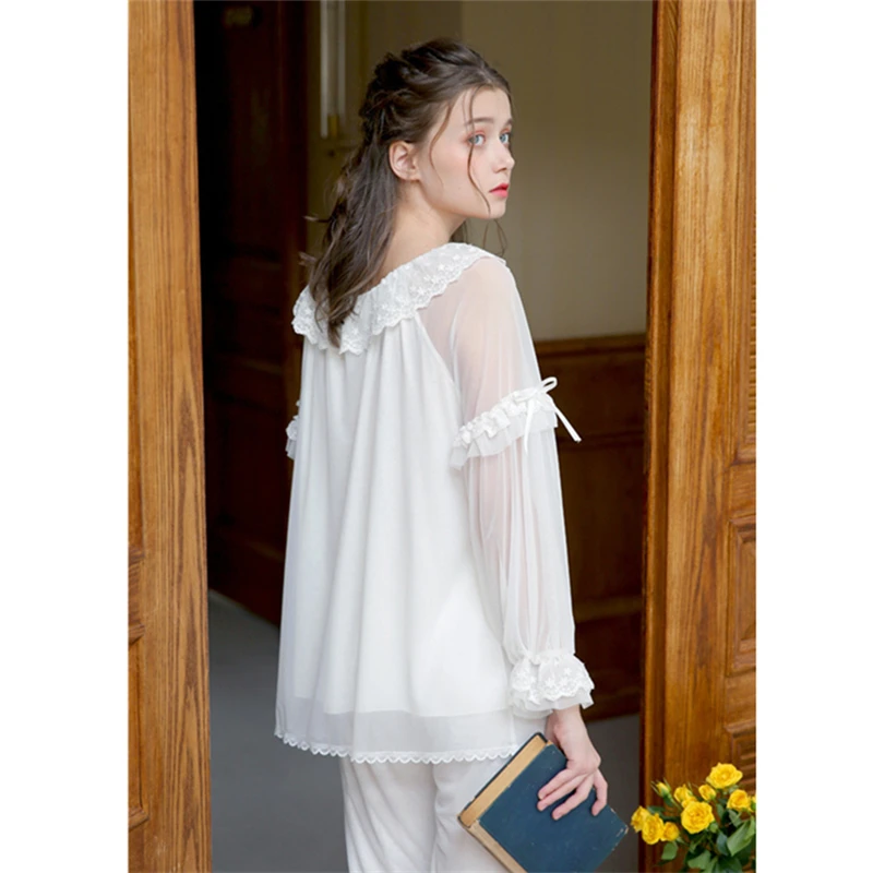 2019 Spring Pajama Set Vintage Sleepwear Women Lace Ruffled Long Sleeve Pyjama Femme Night Sleep Wear Home Suit Lounge T420 | Женская