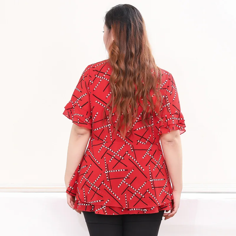 Plus Size 10XL 9XL 8XL Womens Flare Sleeve Summer Shirts V Neck Striped Print Chiffon OL Slim Work Wear Tuniques Femmes |