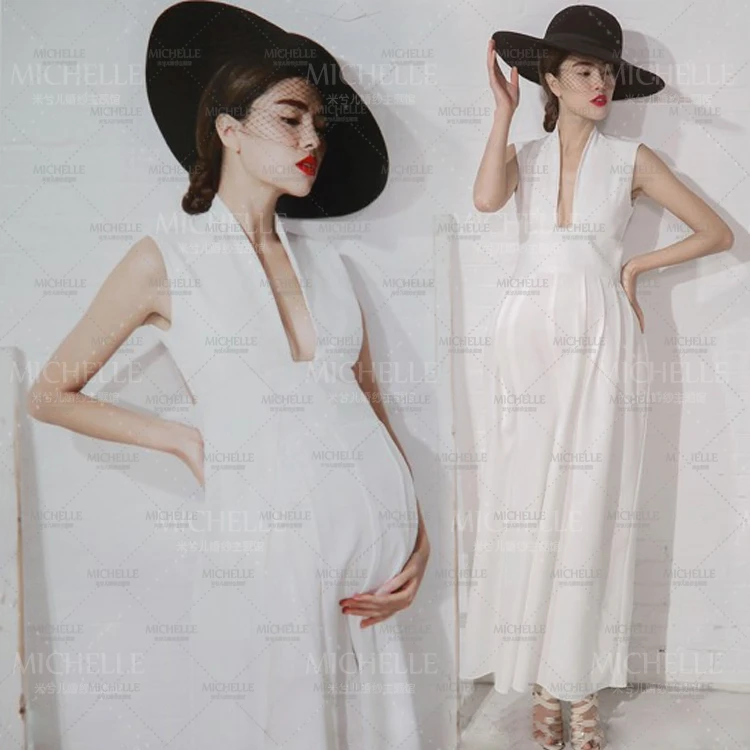 Noble Smooth White Long Cute Elegant Dress Maternity Photography Props Pregnant Women Romantic Photo Shoot Fancy costume Size L