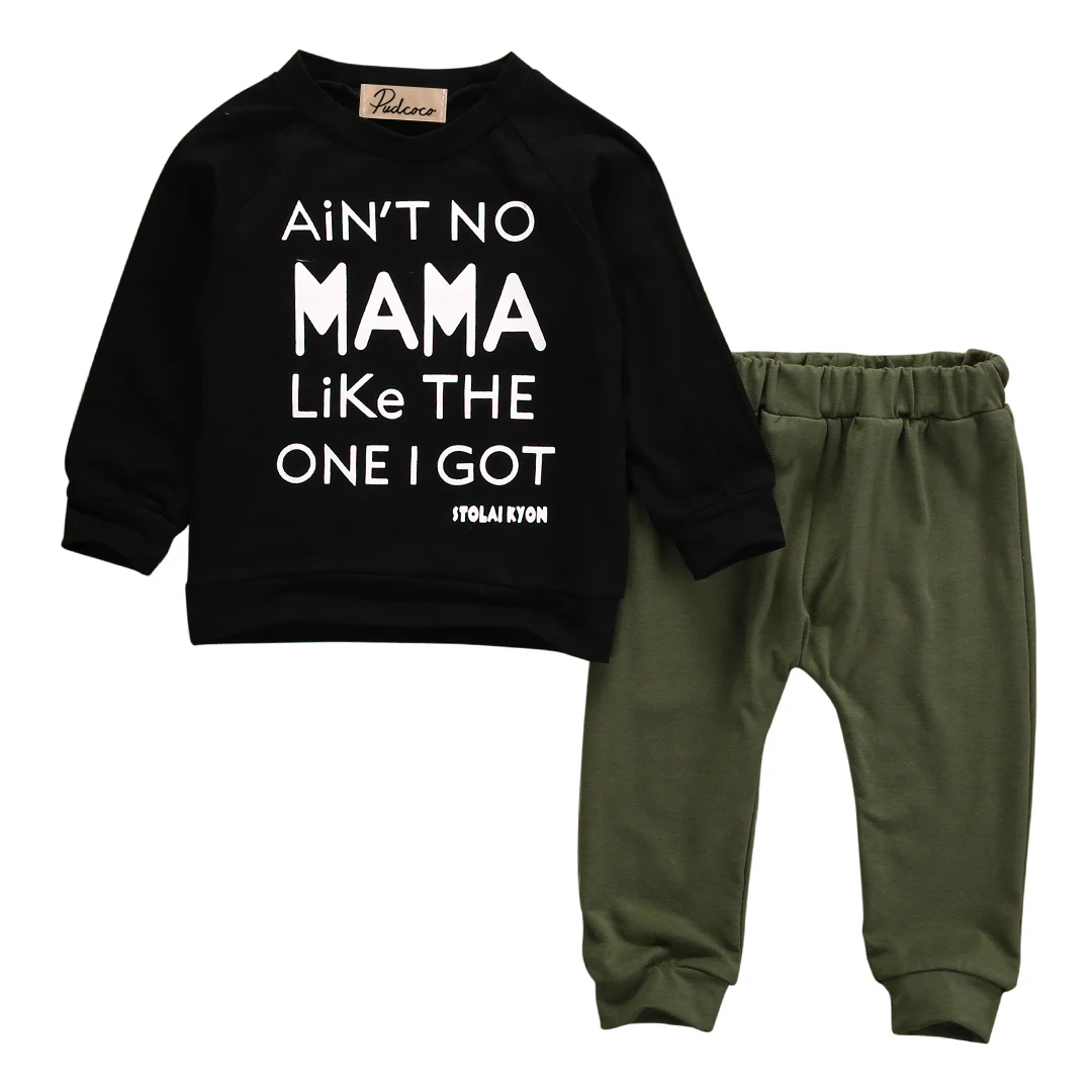 Citgeett 2pcs Newborn Baby Boy Casual Letter T-shirt Sweater Black Top + Long Army Green Pants Outfits Clothes Autumn Set | Детская