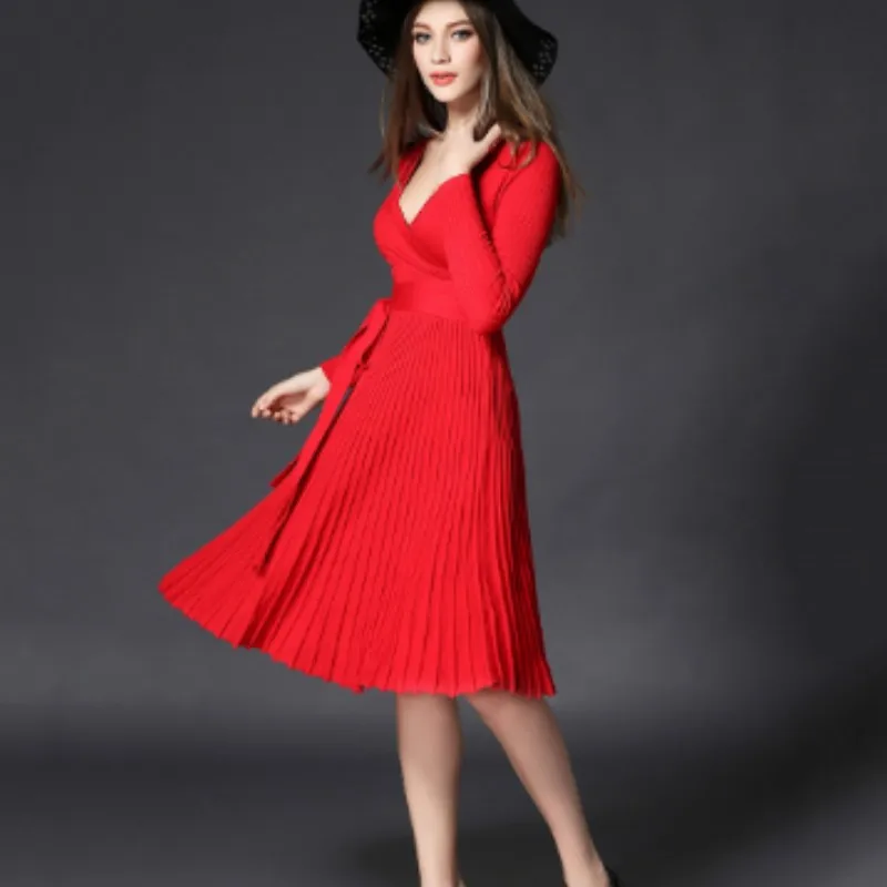 

7Color Preppy Style 2019 Fashion Sexy Slim Fit Long Sleeve V Neck Knit Dress Autumn Ladies Pleated Midi Dresses A881