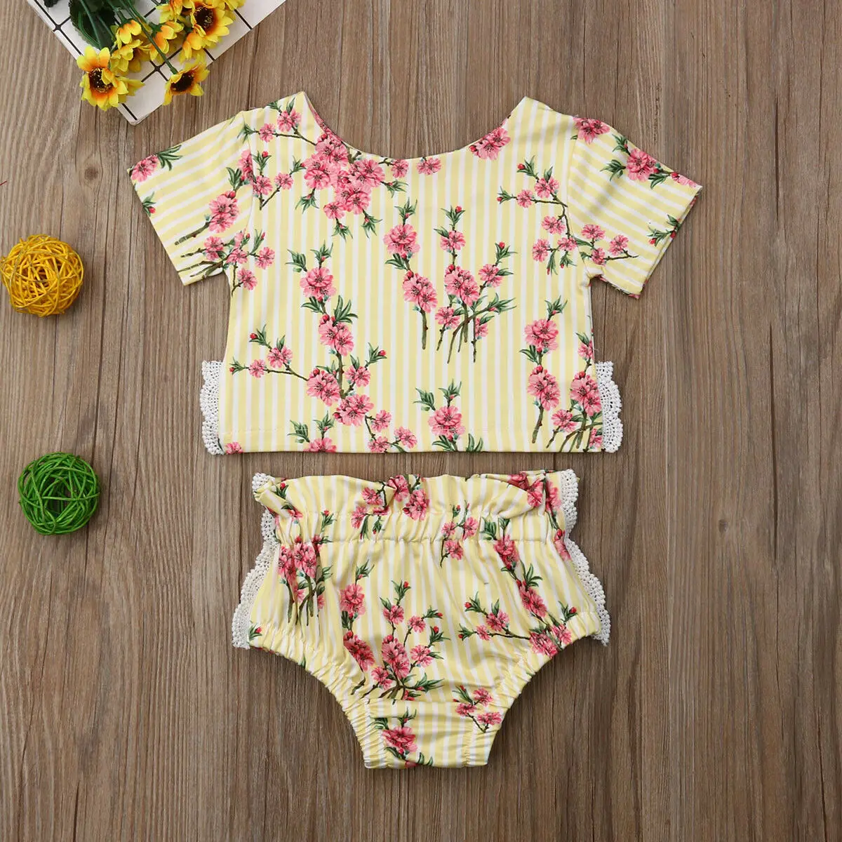 New Infant Baby Girls Top+Pants Lace Vertical Stripe Flowers Outfits Summer Clothes Sets |
