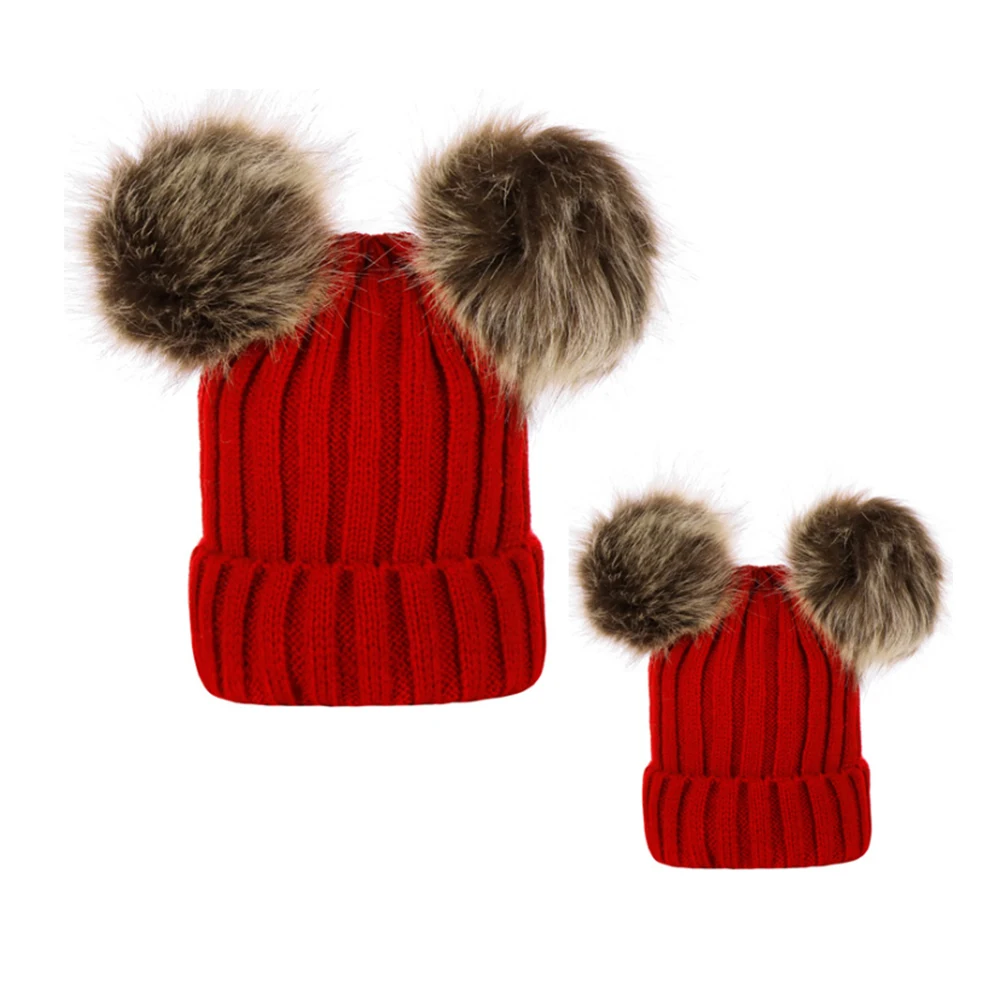 Вязанная Вязаная Шапка бини унисекс зимняя теплая Милая шапка для мамы и дочки