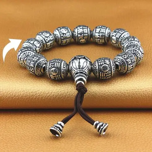 

Handmade 100% 925 Silver Fengshui Bagua Taichi Symbols Beads Bracelet Pure Silver Good Luck Symbols Wrist Mala Bracelet